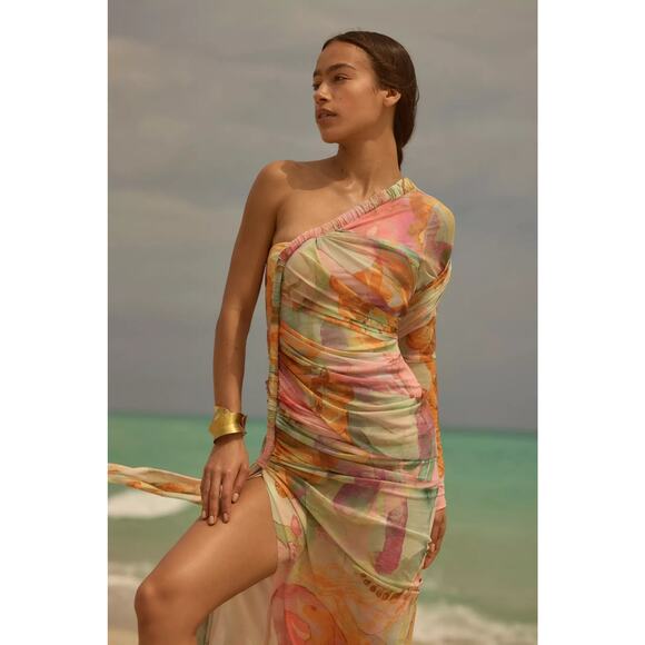Andrea Iyamah Mesh Turi Abstract One-Shoulder Midi Dress Multicolor Size M - Picture 1 of 9